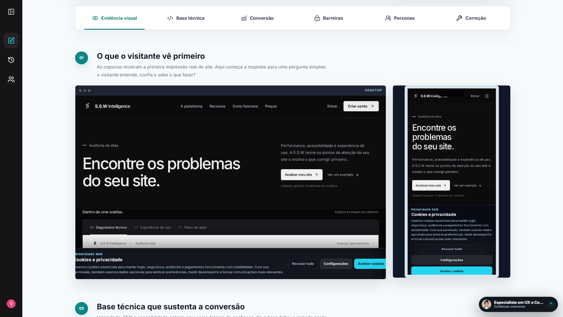 Evidência visual no relatório: capturas da página analisada em computador e celular, lado a lado.