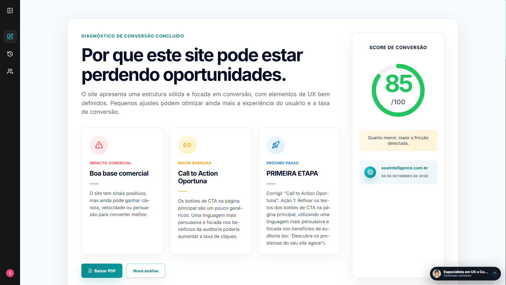 Visão geral do relatório: score de conversão 85 de 100, impacto comercial, principal barreira e próximo passo recomendado.